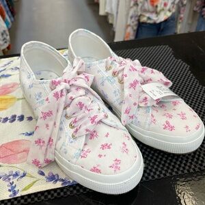 Superga White Canvas Sneakers with Pink Floral Ribbon Laces
